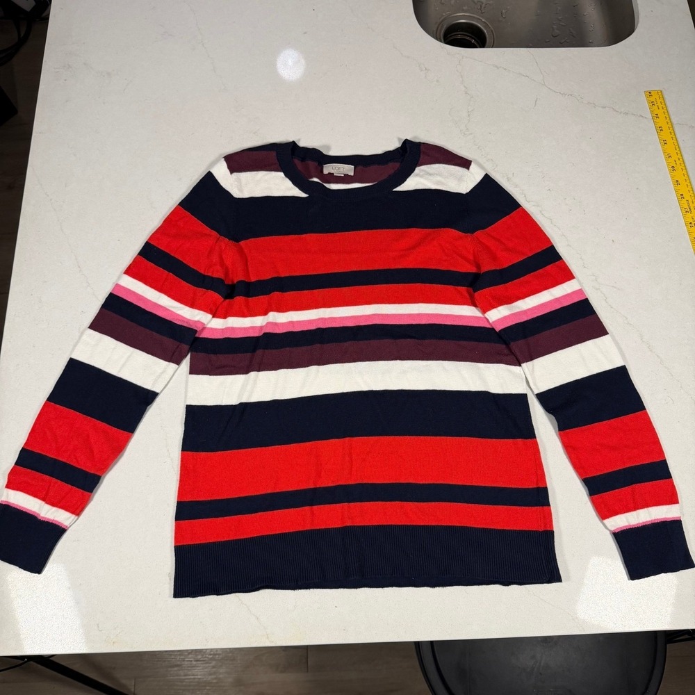 LOFT Outlet Striped Long Sleeve Sweater Size L Red Burgundy Navy White Pink